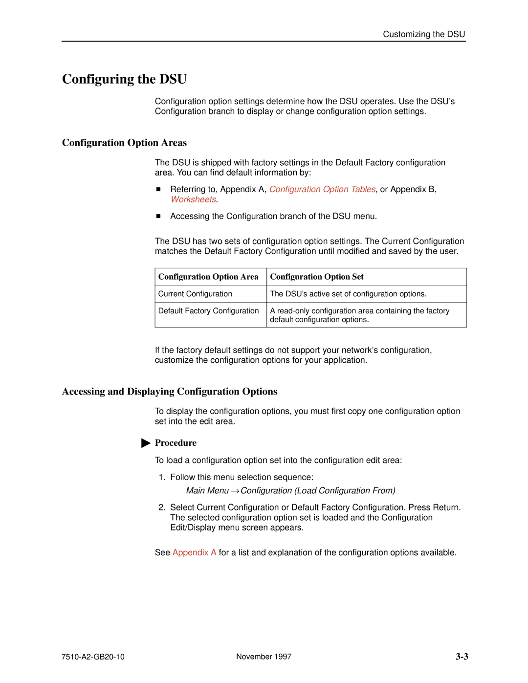 Paradyne 7510 DSU manual Configuring the DSU, Configuration Option Areas, Accessing and Displaying Configuration Options 