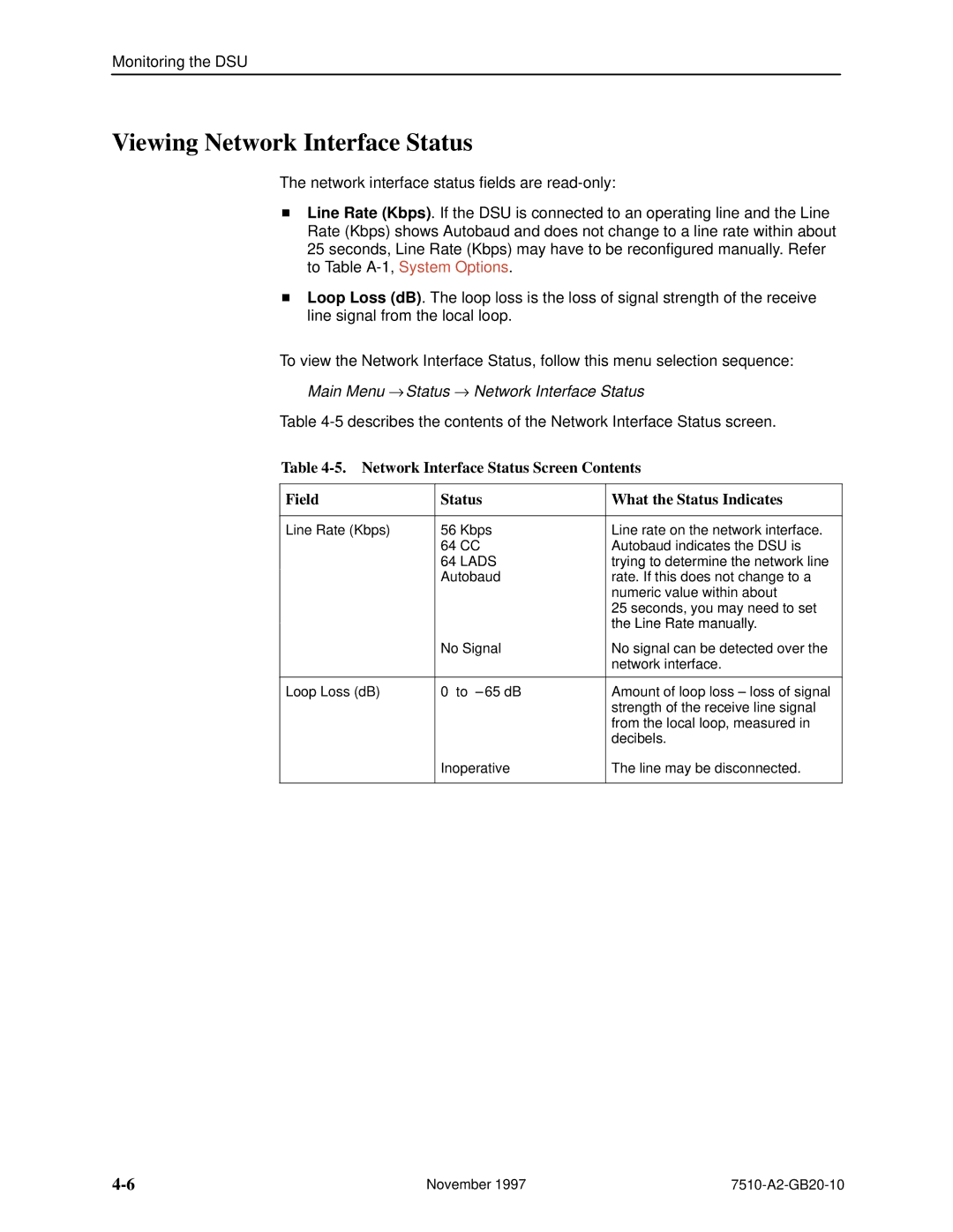 Paradyne 7510 DSU manual Viewing Network Interface Status, Main Menu → Status → Network Interface Status 