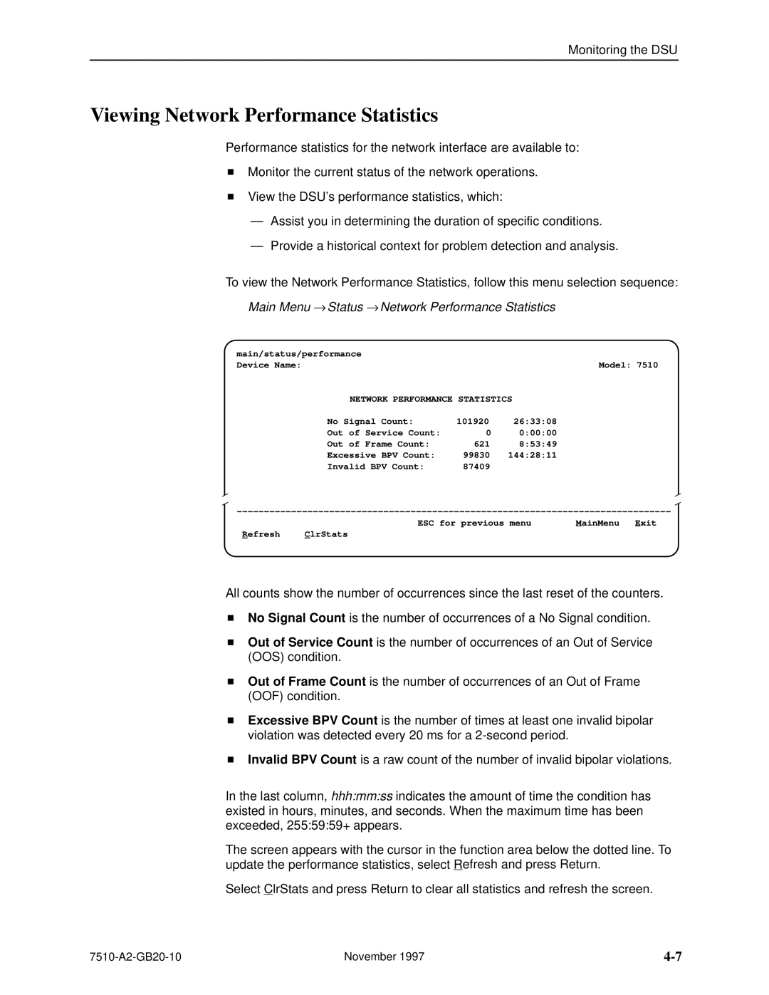 Paradyne 7510 DSU manual Viewing Network Performance Statistics 