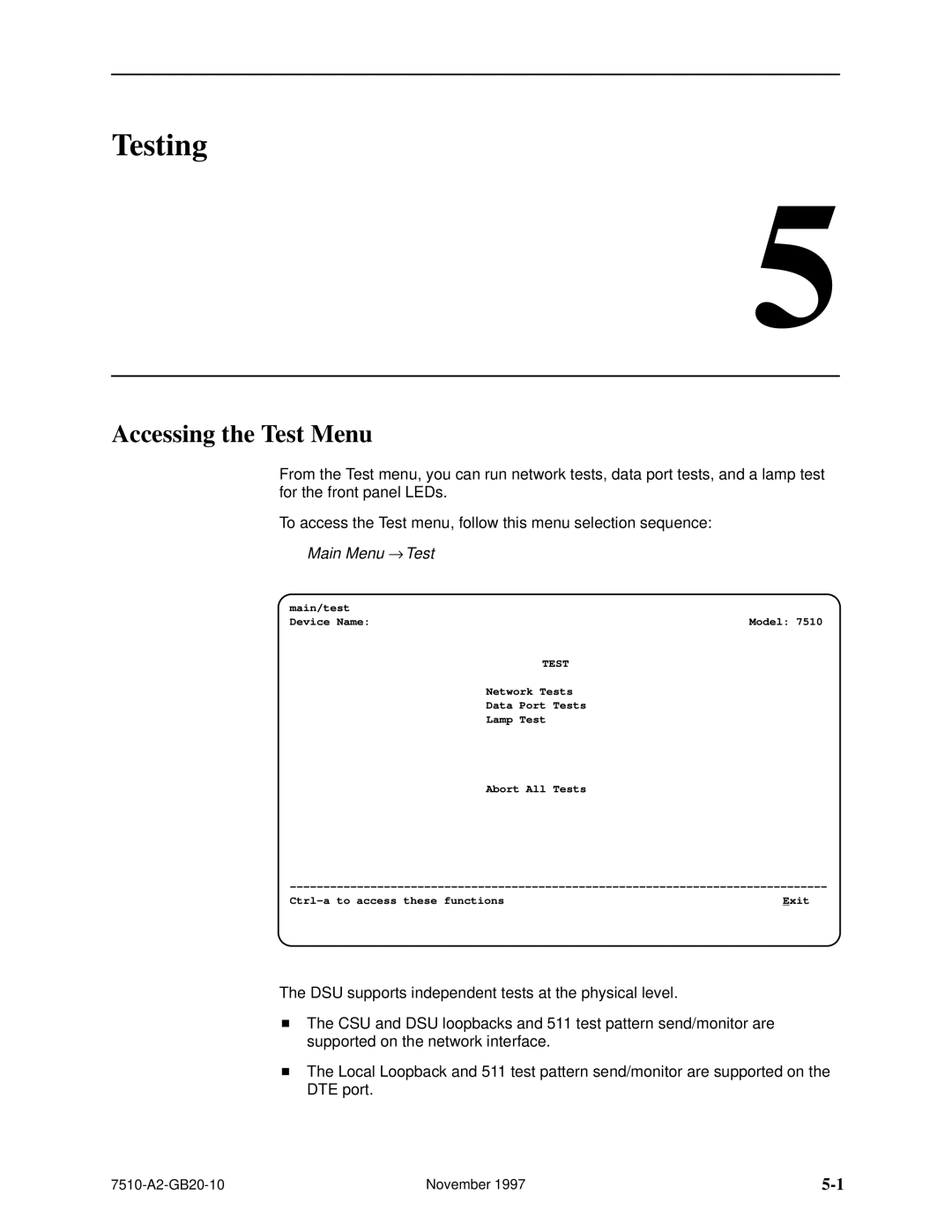 Paradyne 7510 DSU manual Testing, Accessing the Test Menu, Main Menu → Test 