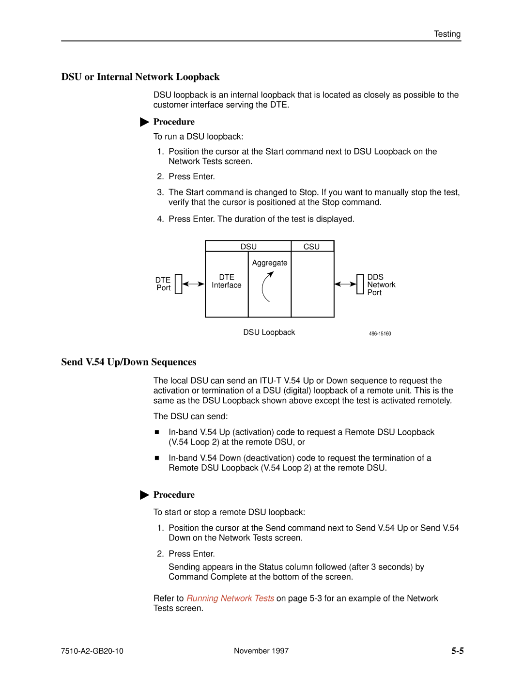 Paradyne 7510 DSU manual DSU or Internal Network Loopback, Send V.54 Up/Down Sequences 