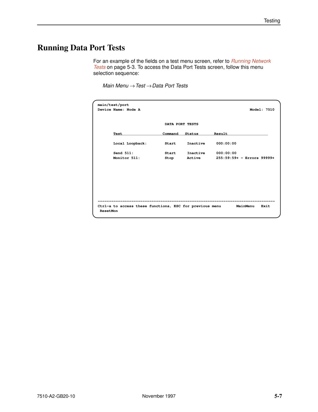 Paradyne 7510 DSU manual Running Data Port Tests, Main Menu → Test → Data Port Tests 