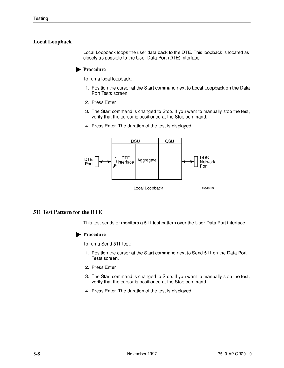 Paradyne 7510 DSU manual Local Loopback, Test Pattern for the DTE 