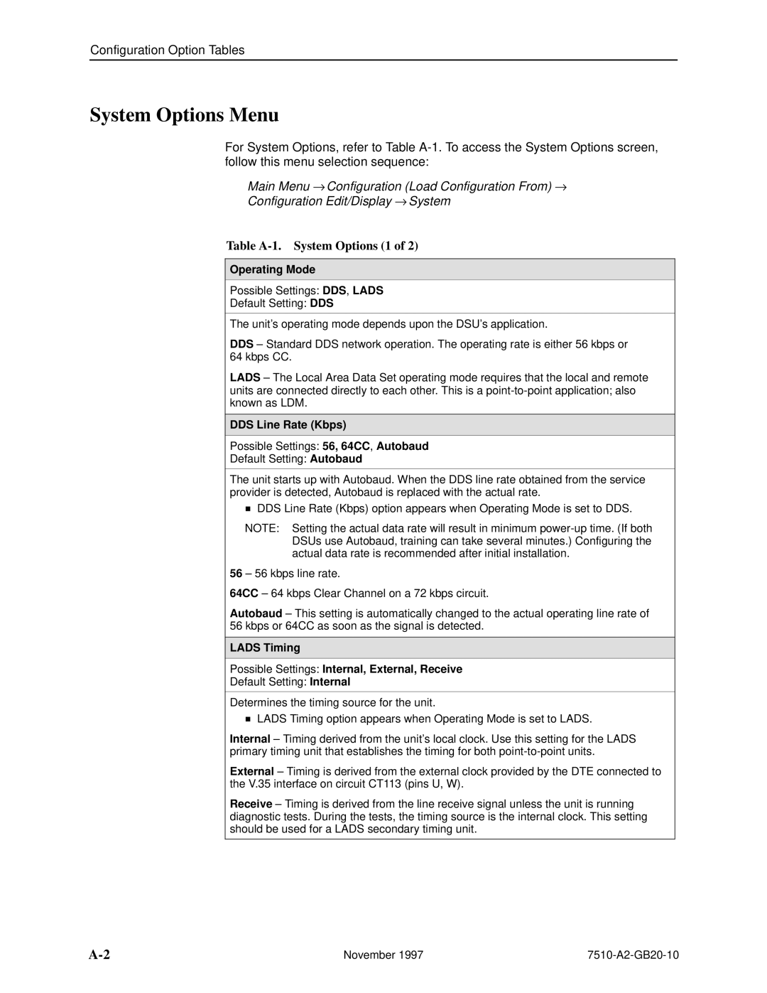 Paradyne 7510 DSU manual System Options Menu, Table A-1. System Options 1, Operating Mode, DDS Line Rate Kbps 