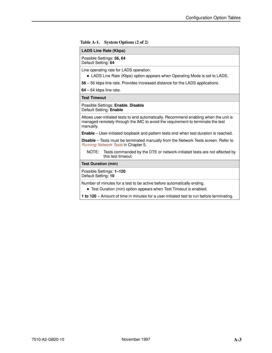 Paradyne 7510 DSU manual Table A-1. System Options 2, Lads Line Rate Kbps, Test Timeout, Test Duration min 