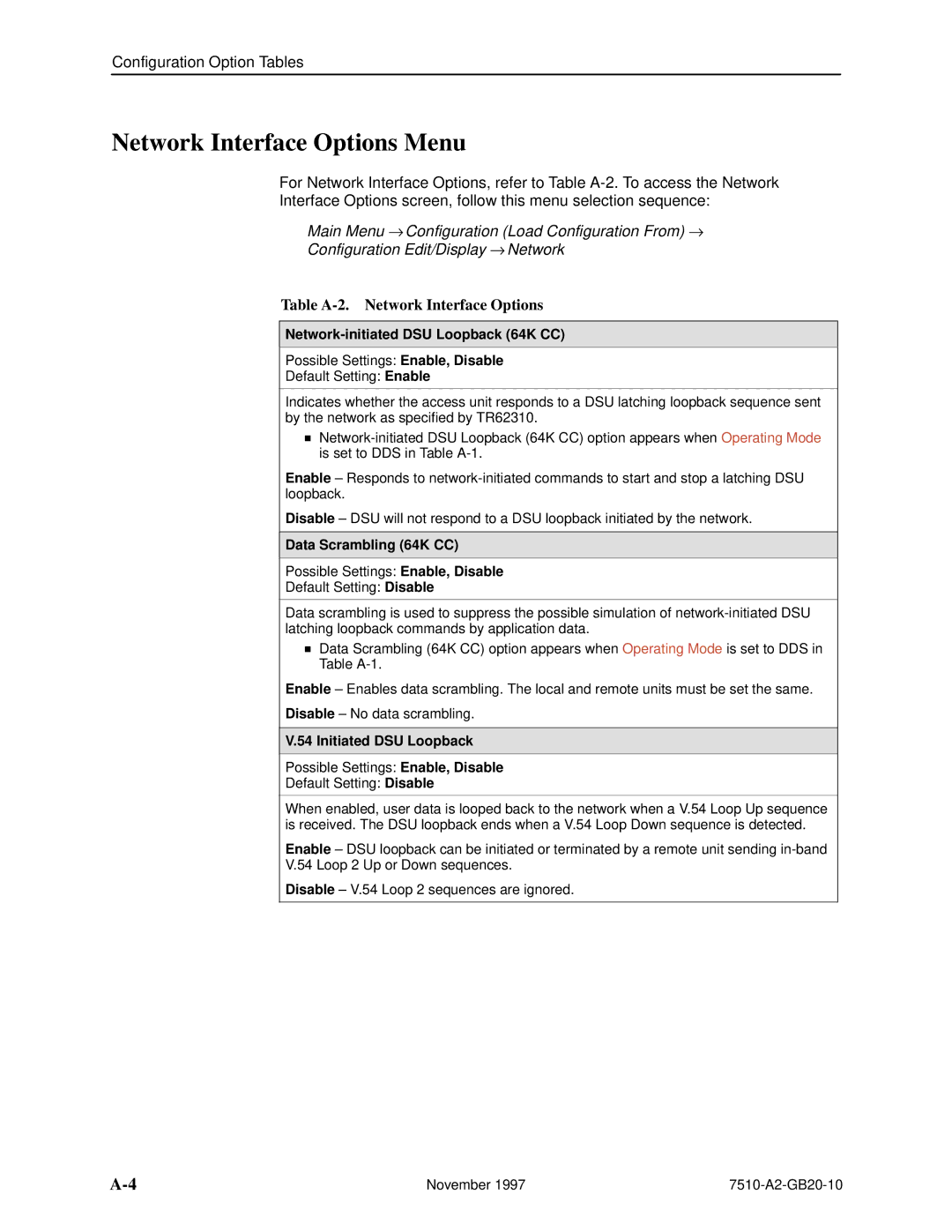 Paradyne 7510 DSU manual Network Interface Options Menu, Table A-2. Network Interface Options, Data Scrambling 64K CC 