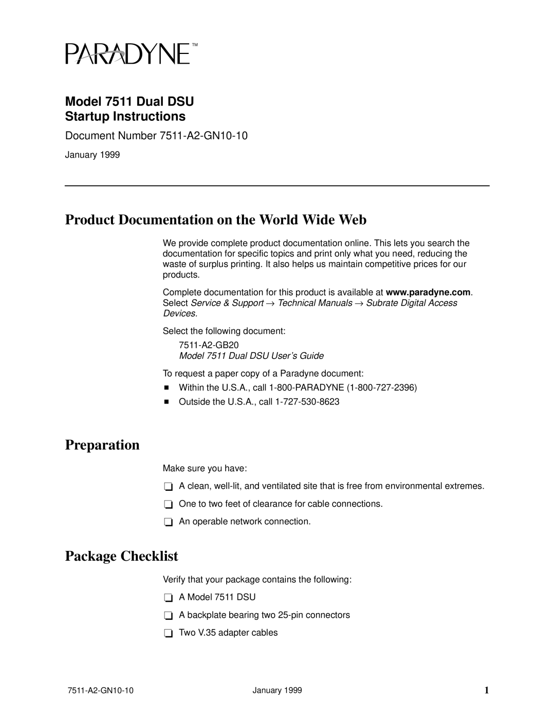 Paradyne 7511 technical manual Product Documentation on the World Wide Web, Preparation, Package Checklist 