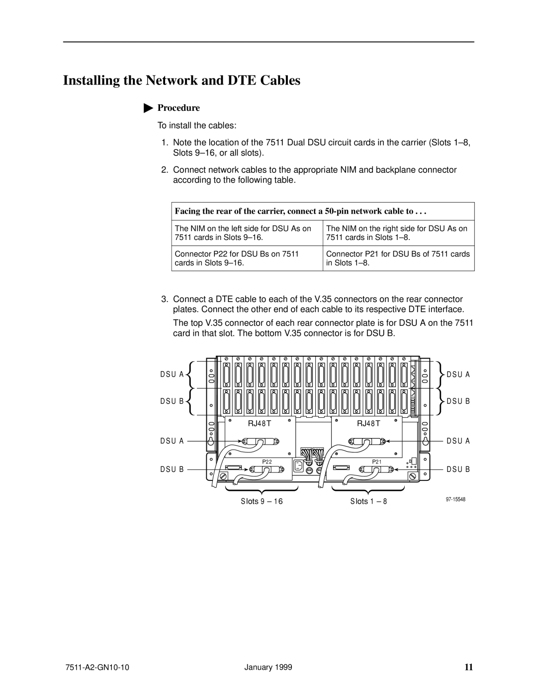 Paradyne 7511 technical manual Installing the Network and DTE Cables 