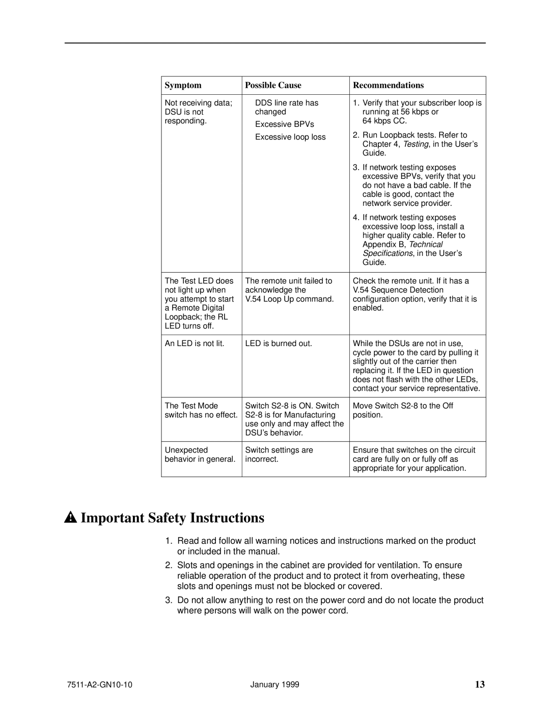 Paradyne 7511 technical manual Important Safety Instructions 