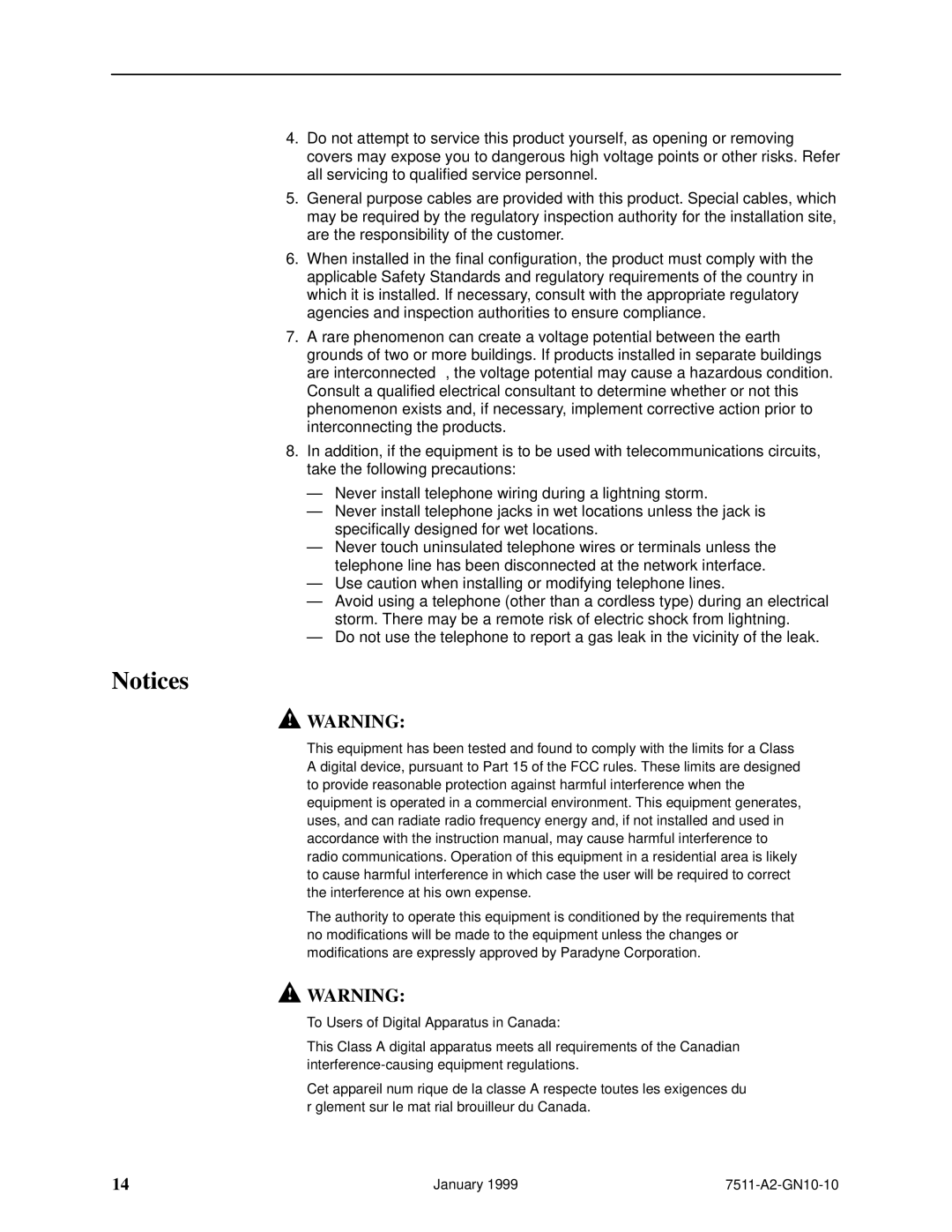 Paradyne 7511 technical manual January 