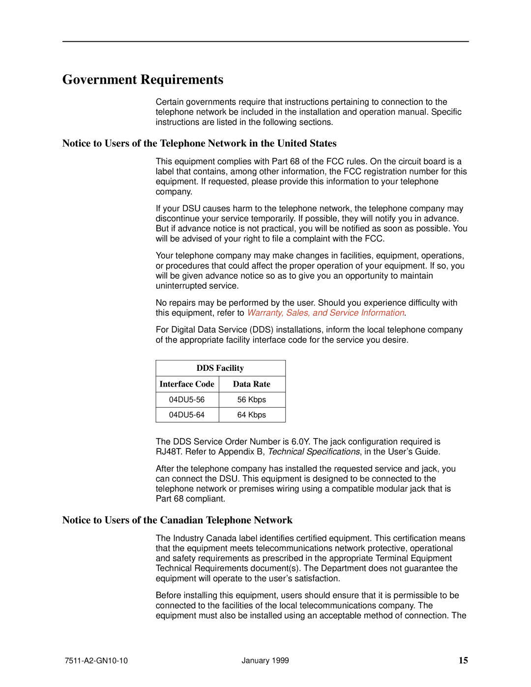 Paradyne 7511 technical manual Government Requirements, DDS Facility Interface Code Data Rate 