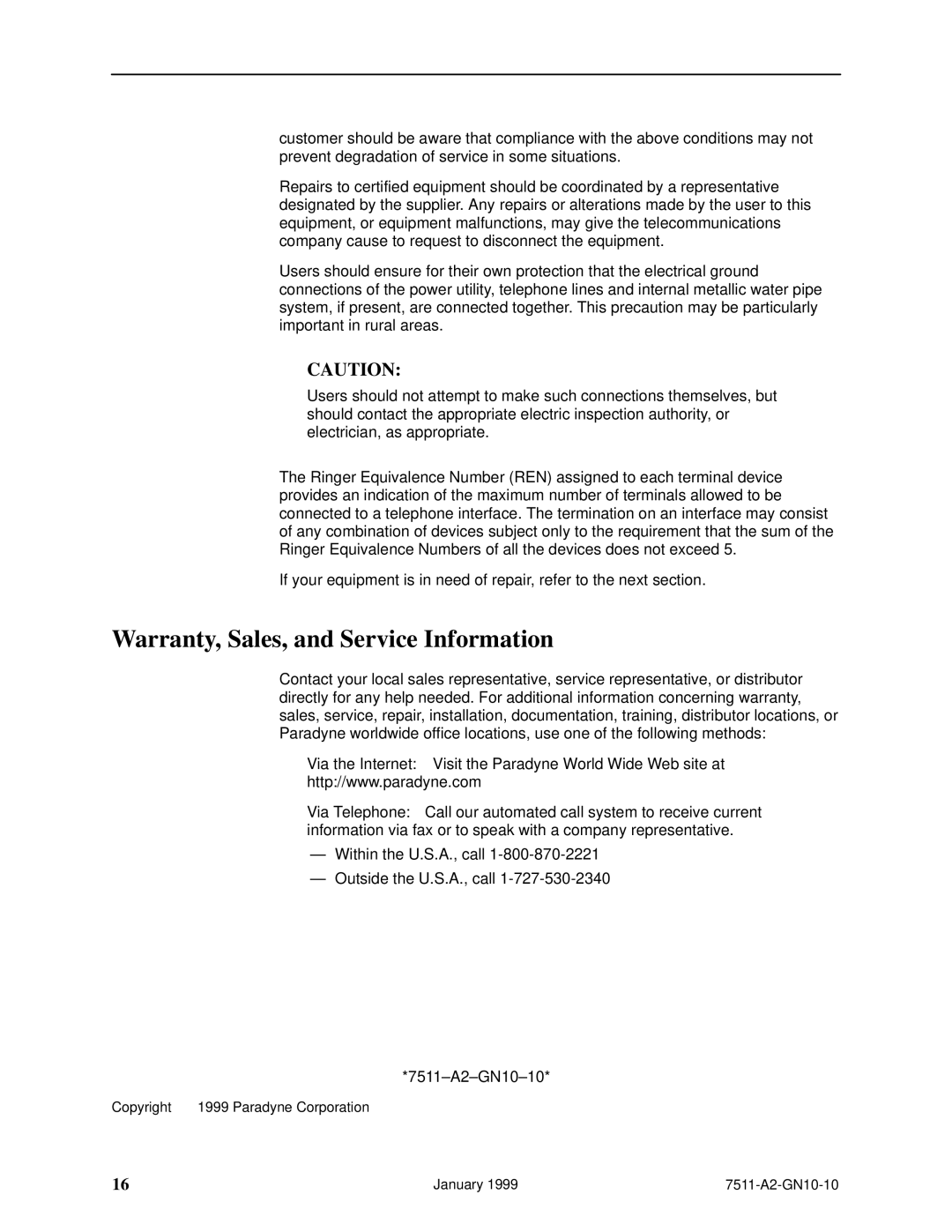 Paradyne 7511 technical manual Warranty, Sales, and Service Information, Copyright E 1999 Paradyne Corporation 