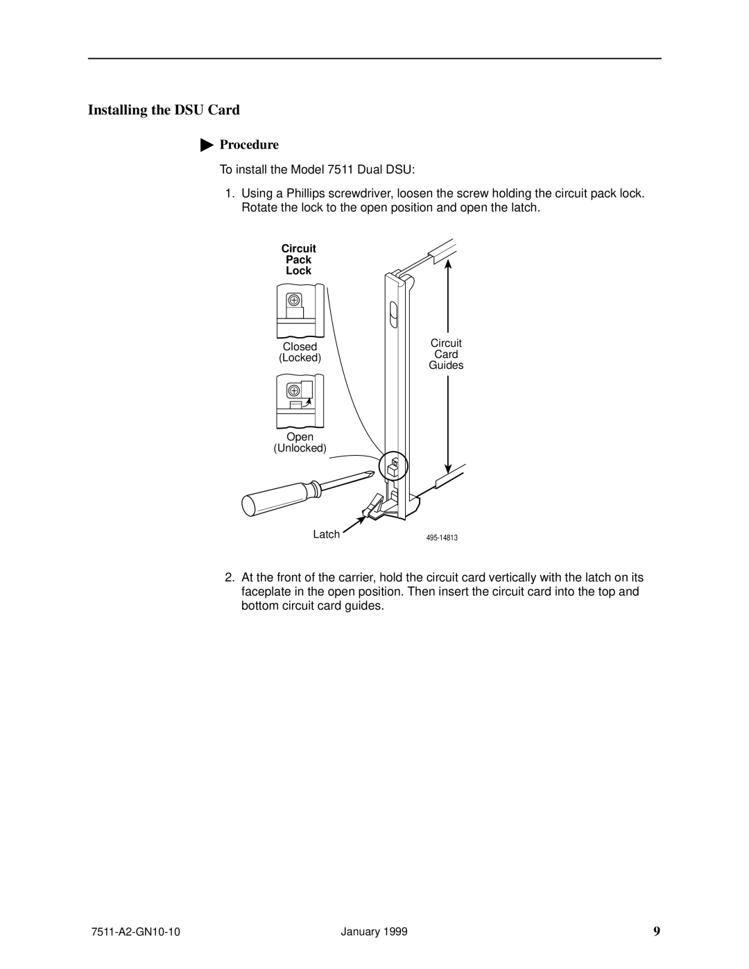 Paradyne 7511 technical manual Installing the DSU Card, Circuit Pack Lock 