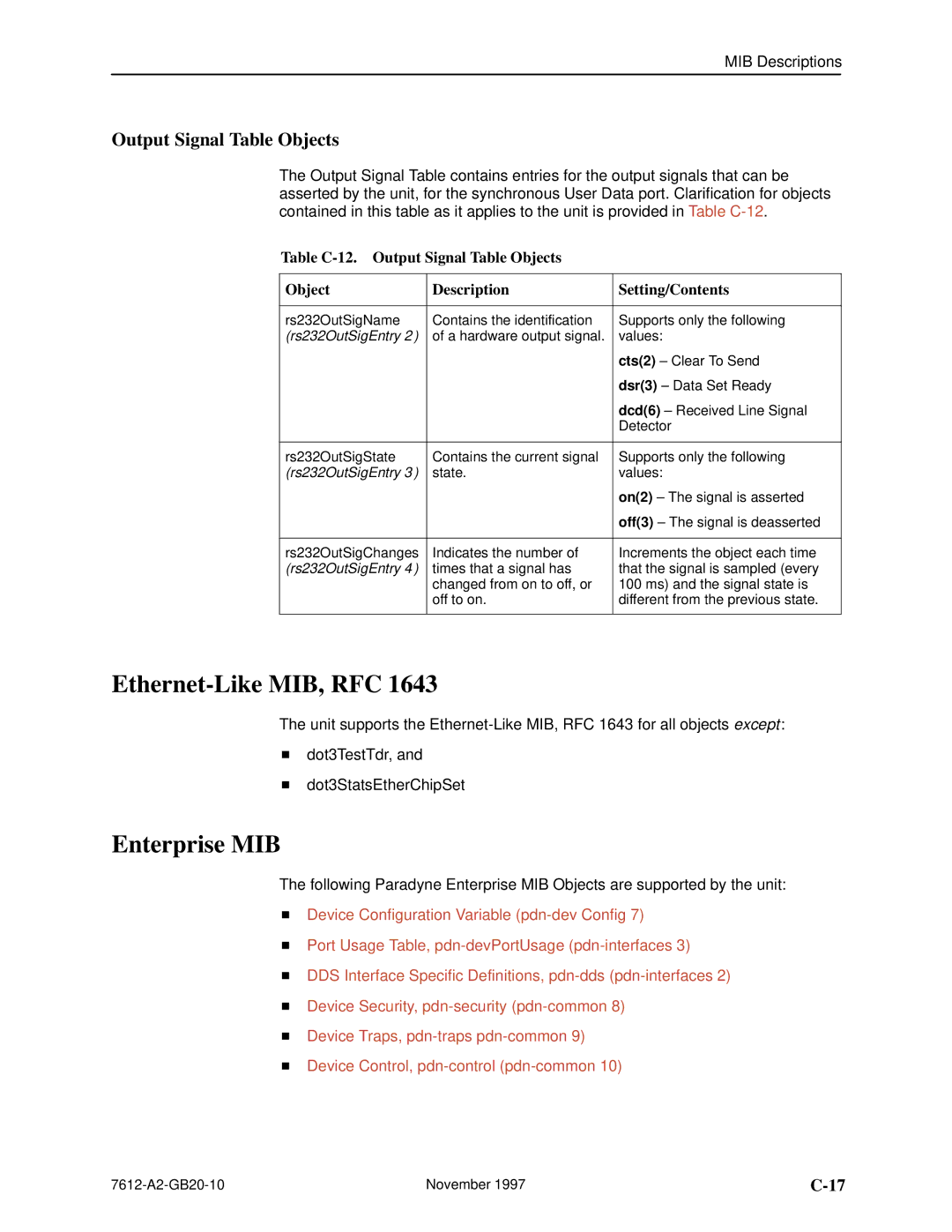 Paradyne 7612 SNMP DSU manual Ethernet-Like MIB, RFC, Enterprise MIB, Output Signal Table Objects 