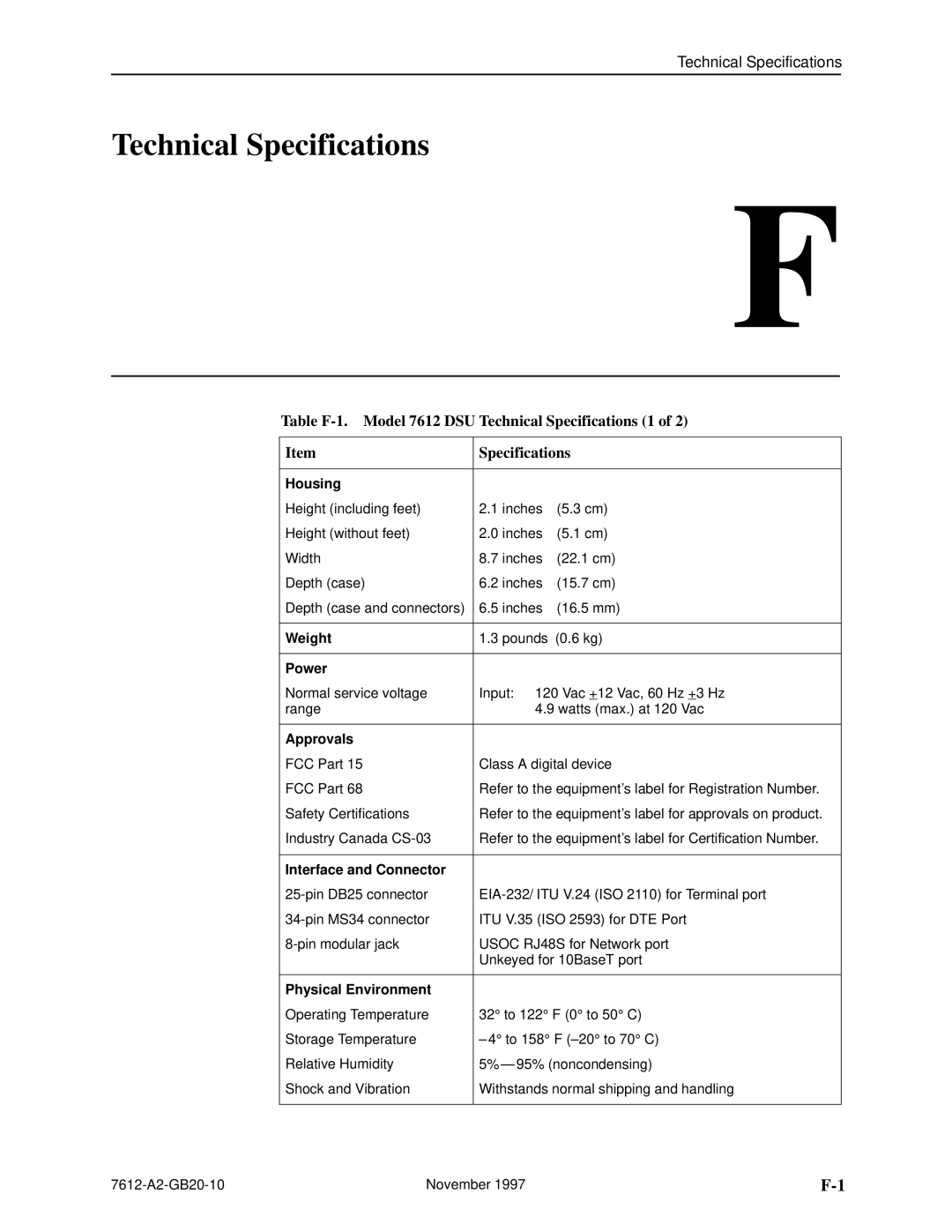 Paradyne 7612 SNMP DSU manual Table F-1. Model 7612 DSU Technical Specifications 1 