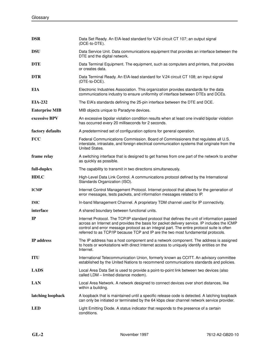 Paradyne 7612 SNMP DSU manual EIA-232, Enterprise MIB, Excessive BPV, Factory defaults, Frame relay, Full-duplex, Interface 