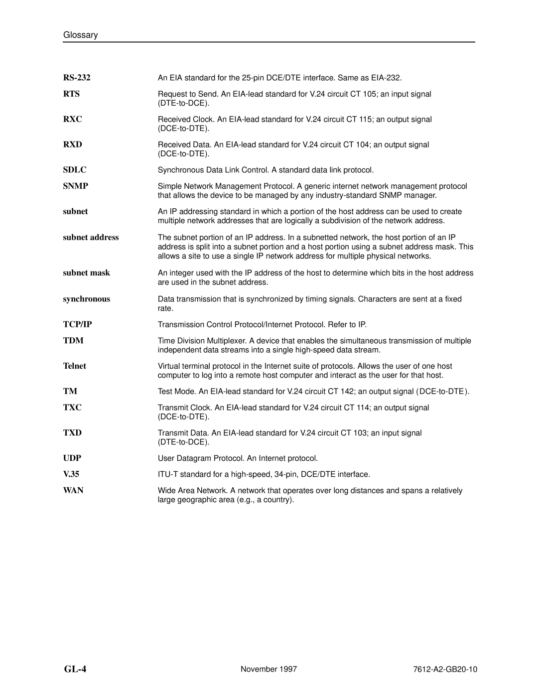 Paradyne 7612 SNMP DSU manual RS-232, Subnet address, Subnet mask, Synchronous, Telnet 