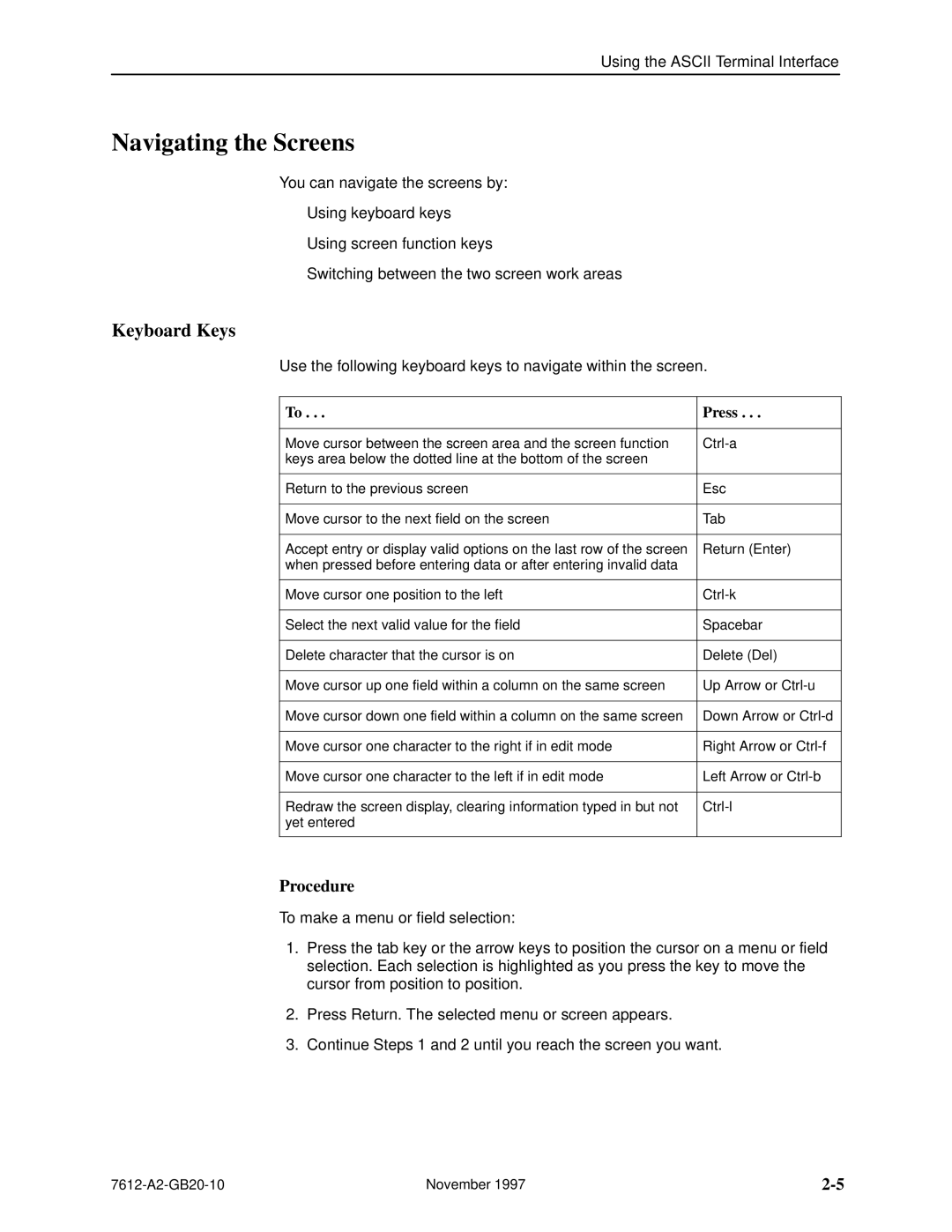 Paradyne 7612 SNMP DSU manual Navigating the Screens, Keyboard Keys, Press 