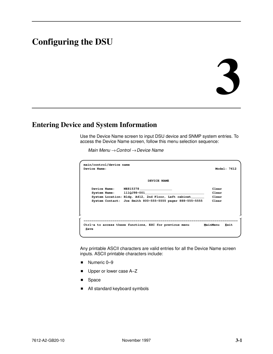 Paradyne 7612 SNMP DSU Configuring the DSU, Entering Device and System Information, Main Menu → Control → Device Name 