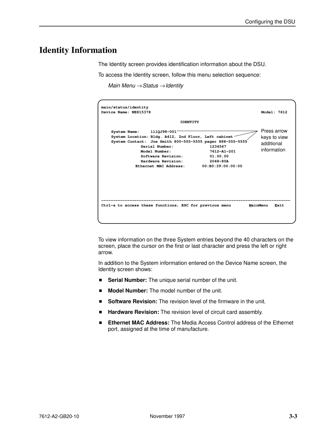 Paradyne 7612 SNMP DSU manual Identity Information, Main Menu → Status → Identity, Keys to view, Additional 