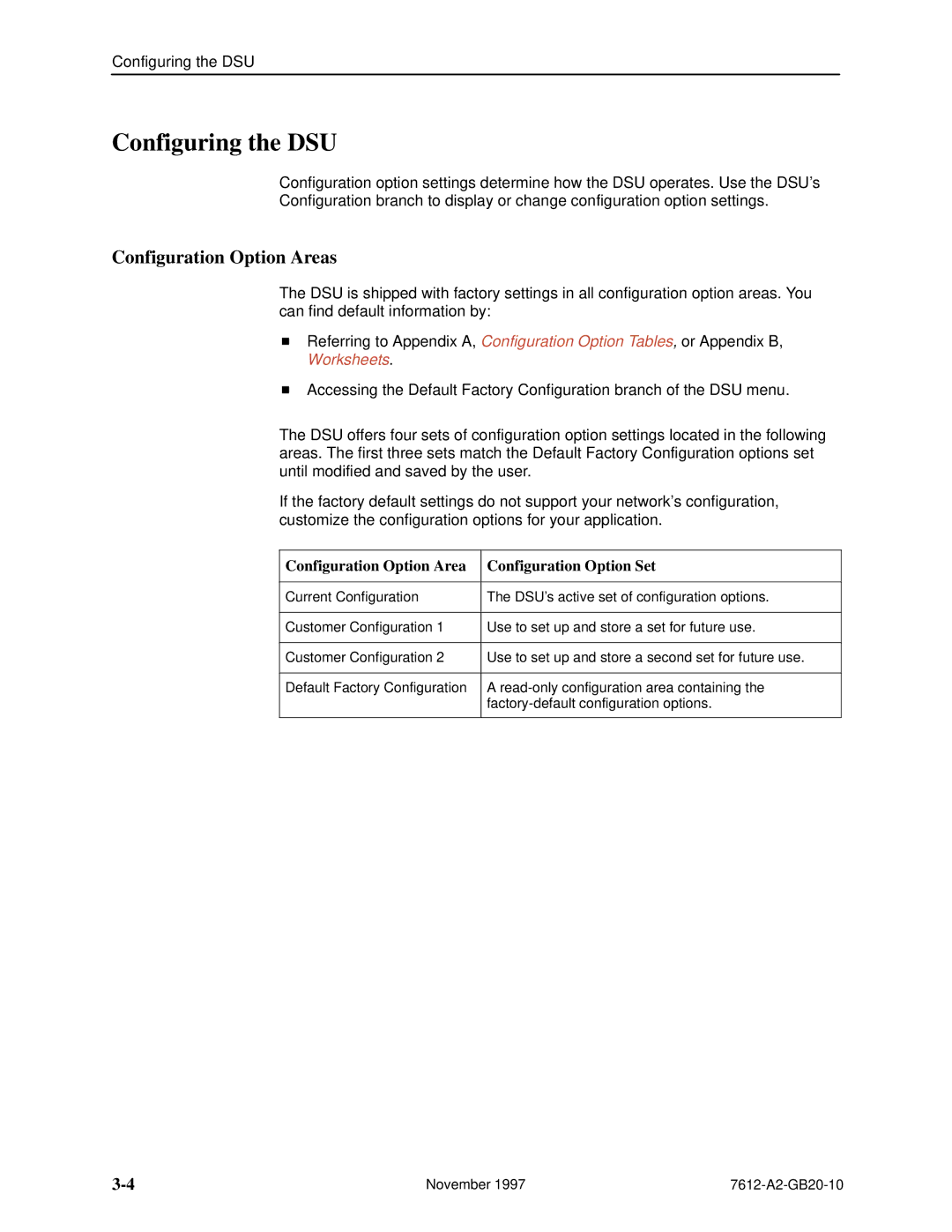 Paradyne 7612 SNMP DSU Configuring the DSU, Configuration Option Areas, Configuration Option Area Configuration Option Set 