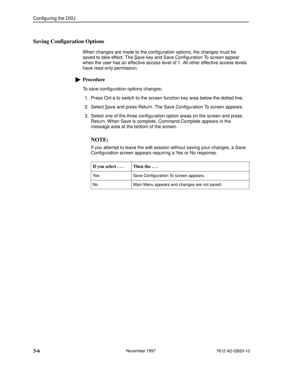 Paradyne 7612 SNMP DSU manual Saving Configuration Options, If you select Then 