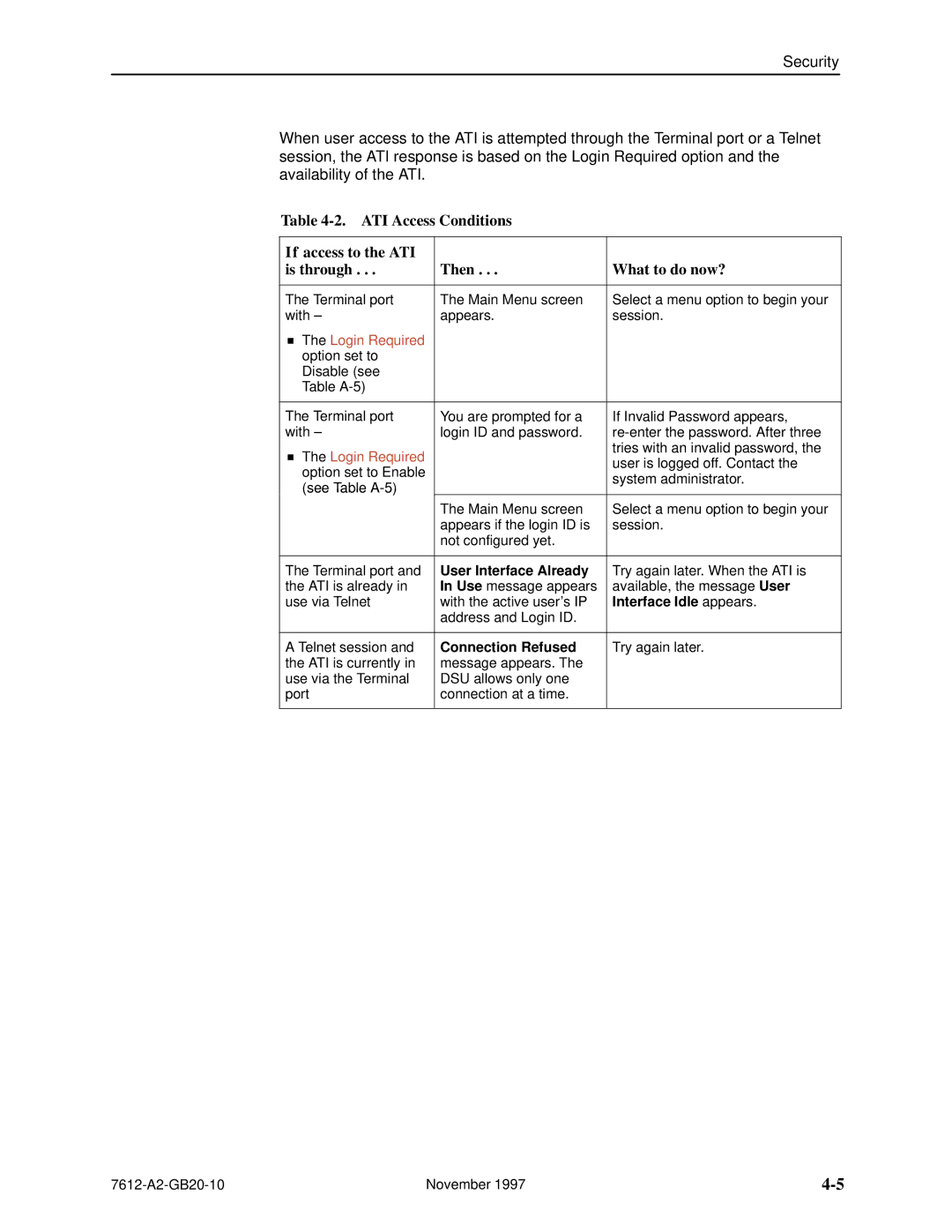 Paradyne 7612 SNMP DSU manual See Table A-5, User Interface Already, Interface Idle appears, Connection Refused 