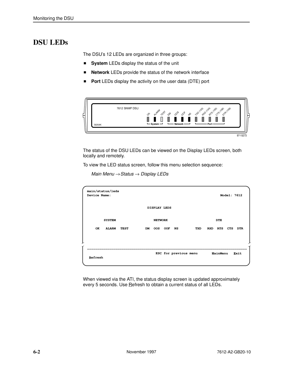 Paradyne 7612 SNMP DSU manual DSU LEDs, Alarm Test DM OOS OOF NS TXD RXD RTS CTS DTR 