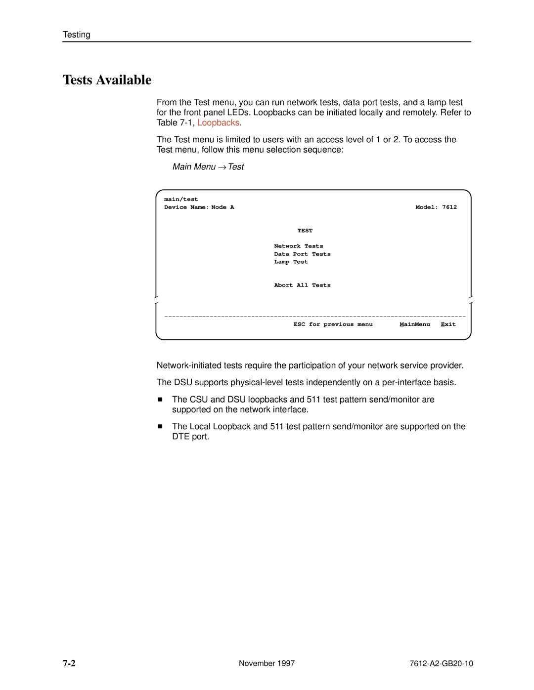 Paradyne 7612 SNMP DSU manual Tests Available, Main Menu → Test 