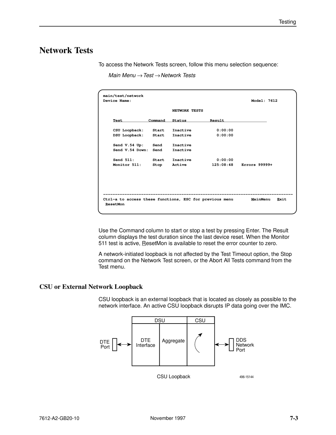 Paradyne 7612 SNMP DSU manual CSU or External Network Loopback, Main Menu → Test → Network Tests 