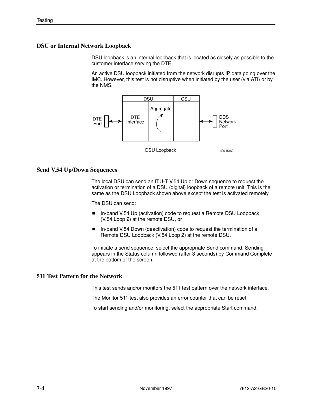 Paradyne 7612 SNMP DSU manual DSU or Internal Network Loopback, Send V.54 Up/Down Sequences, Test Pattern for the Network 