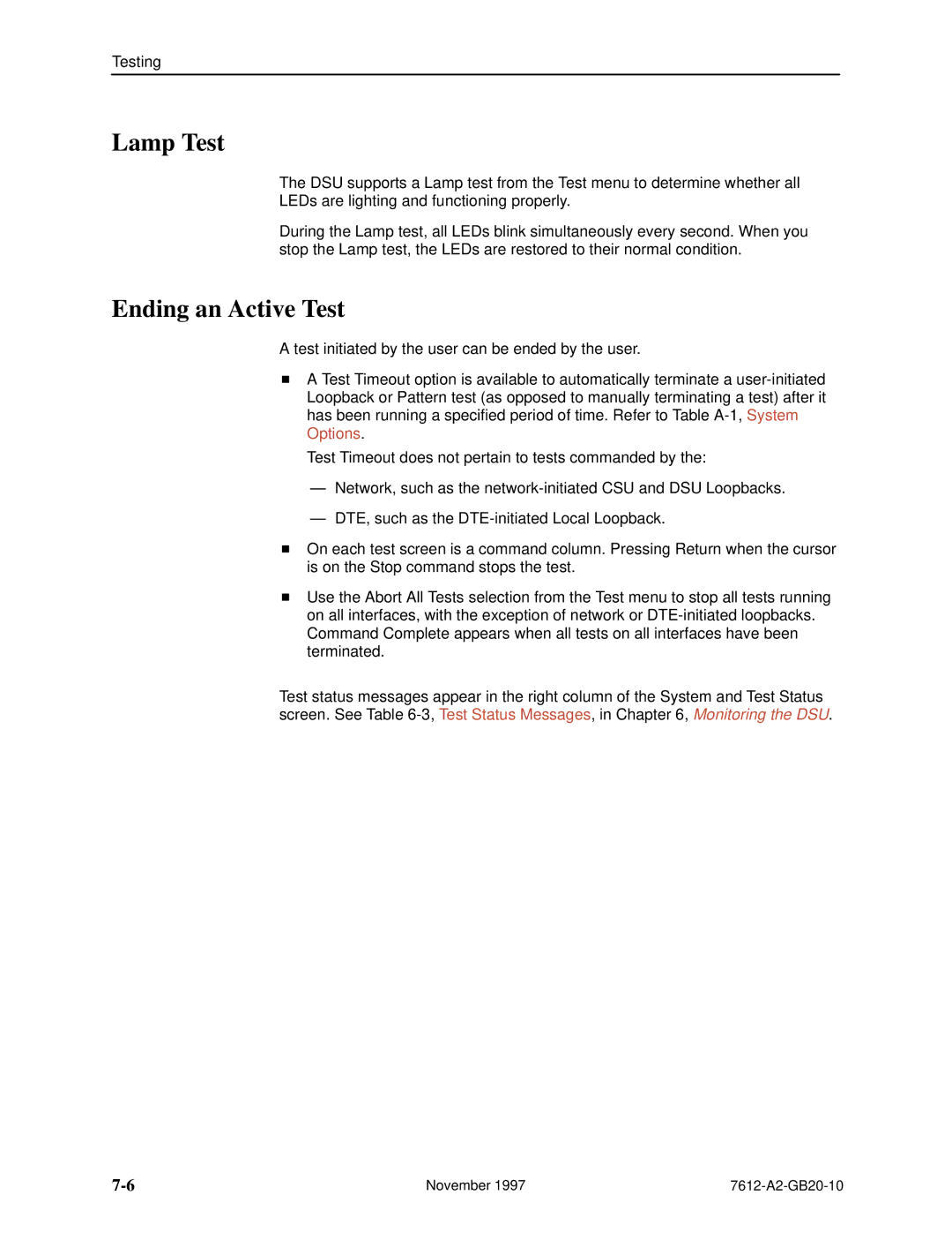 Paradyne 7612 SNMP DSU manual Lamp Test, Ending an Active Test 