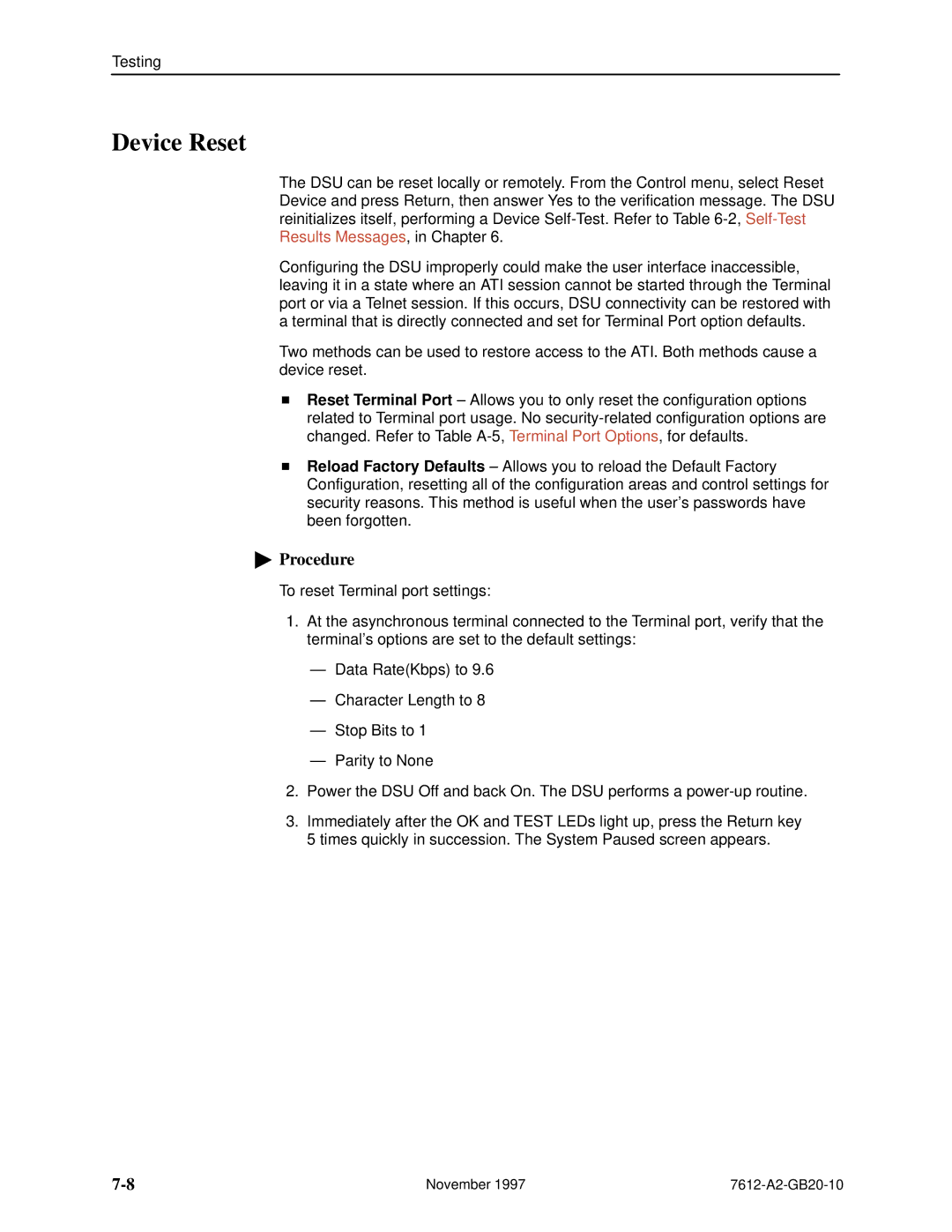 Paradyne 7612 SNMP DSU manual Device Reset 