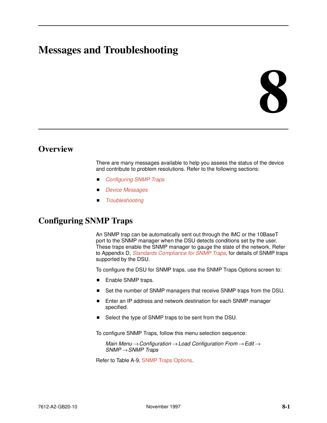 Paradyne 7612 SNMP DSU manual Messages and Troubleshooting, Configuring Snmp Traps 