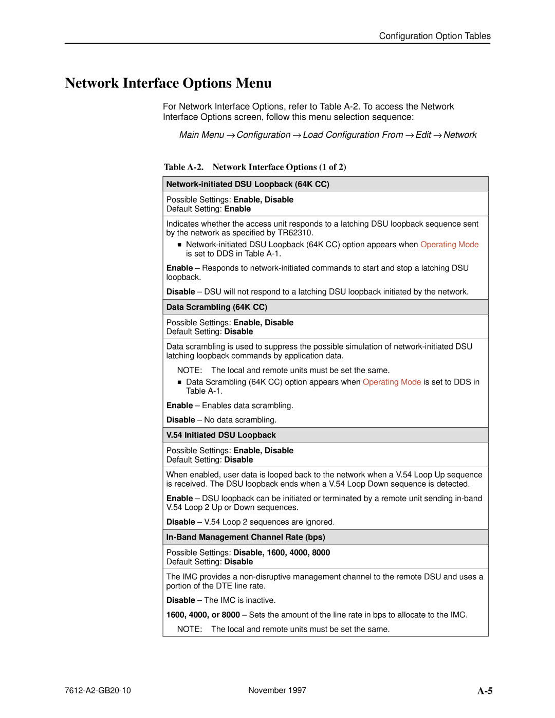 Paradyne 7612 SNMP DSU Network Interface Options Menu, Table A-2. Network Interface Options 1, Data Scrambling 64K CC 