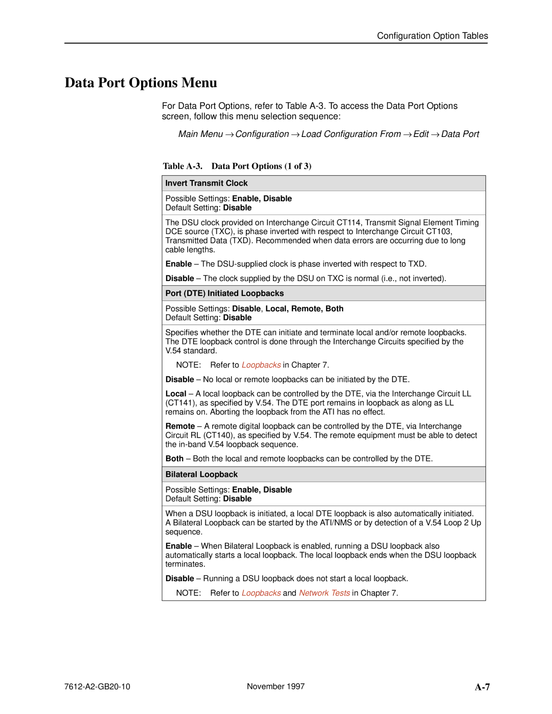 Paradyne 7612 SNMP DSU Data Port Options Menu, Table A-3. Data Port Options 1, Invert Transmit Clock, Bilateral Loopback 