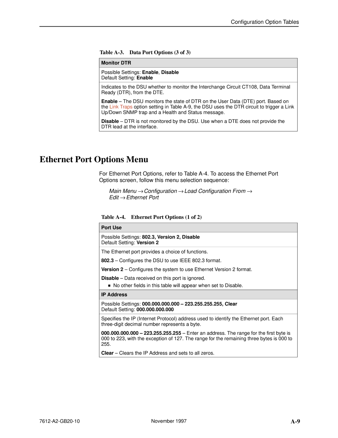 Paradyne 7612 SNMP DSU Ethernet Port Options Menu, Table A-3. Data Port Options 3, Table A-4. Ethernet Port Options 1 