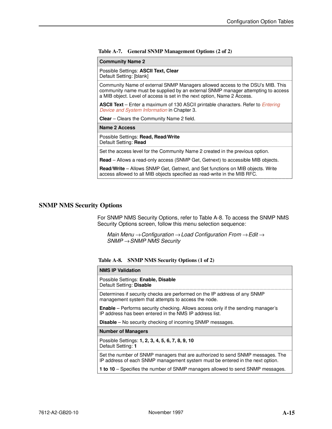 Paradyne 7612 SNMP DSU manual Snmp NMS Security Options, Table A-7. General Snmp Management Options 2, Name 2 Access 