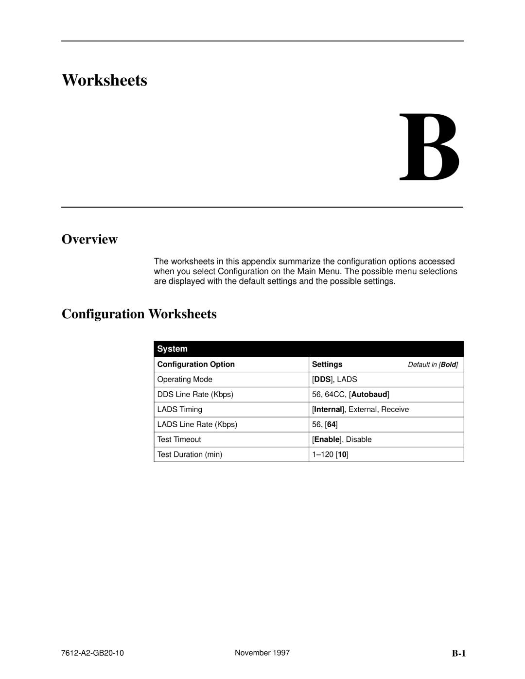 Paradyne 7612 SNMP DSU manual Configuration Worksheets, Configuration Option Settings 