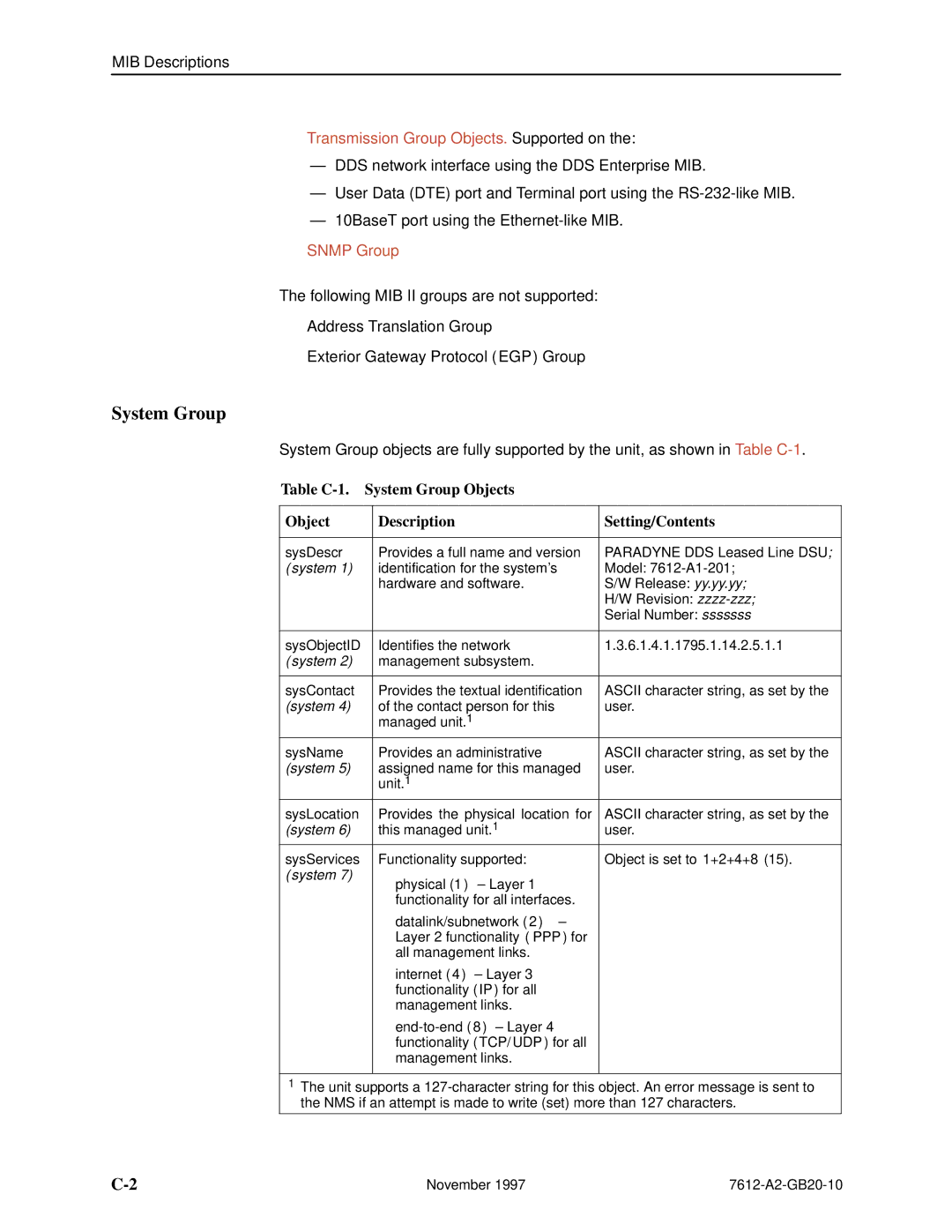 Paradyne 7612 SNMP DSU System Group, Physical 1 ± Layer, Datalink/subnetwork 2 ±, Internet 4 ± Layer, End-to-end 8 ± Layer 