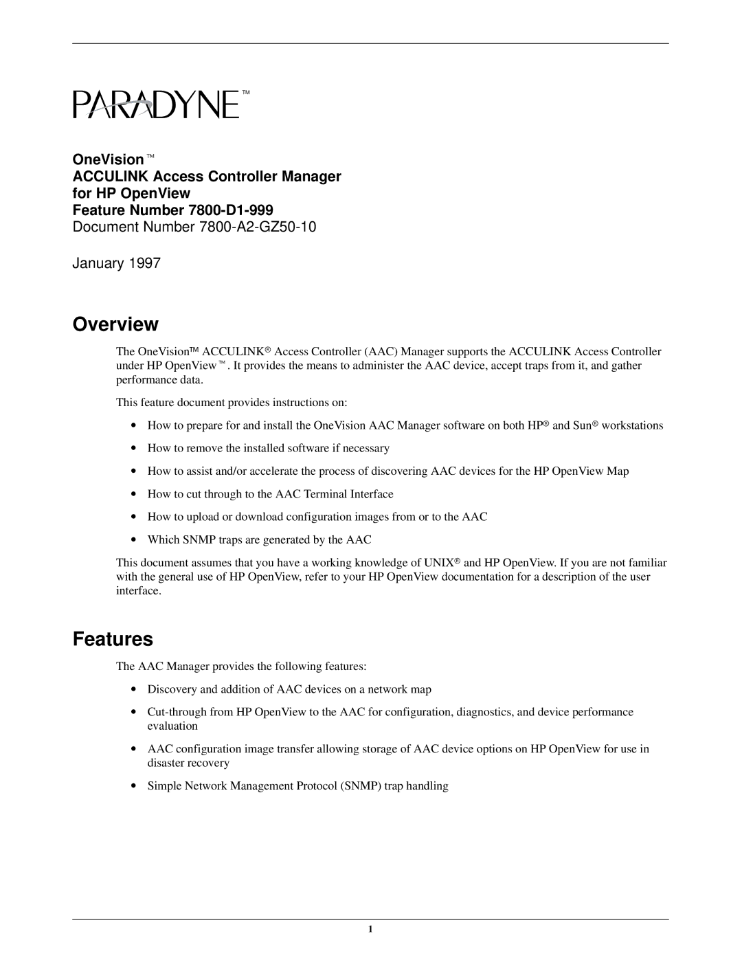 Paradyne 7800-D1-999 manual Overview, Features 