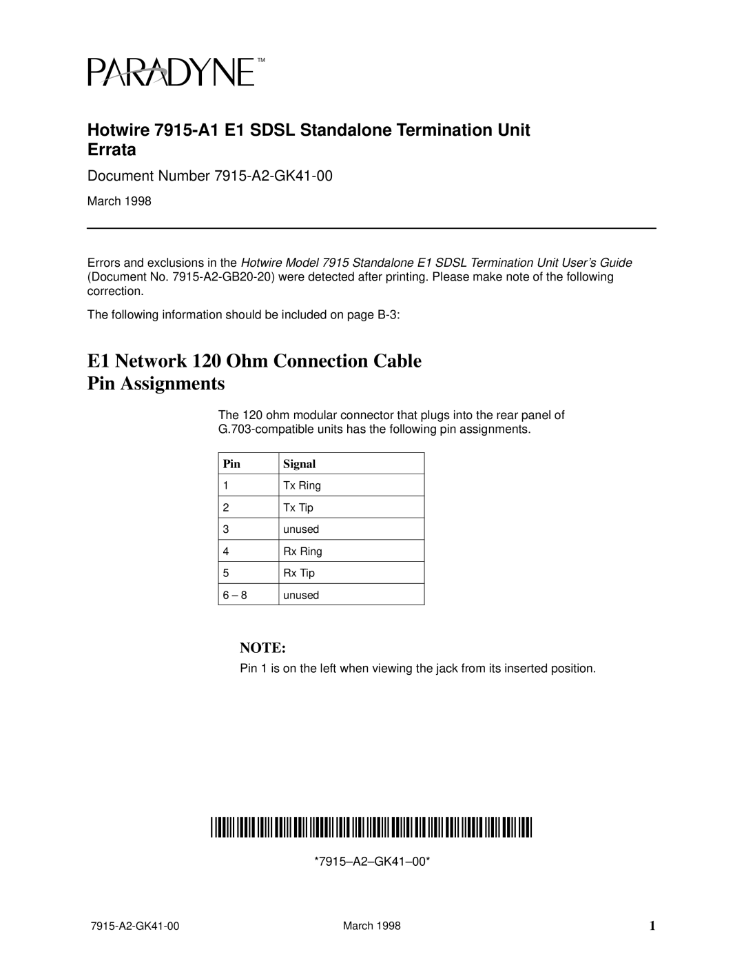 Paradyne 7915-A1 E1 SDSL manual E1 Network 120 Ohm Connection Cable Pin Assignments, Document Number 7915-A2-GK41-00 