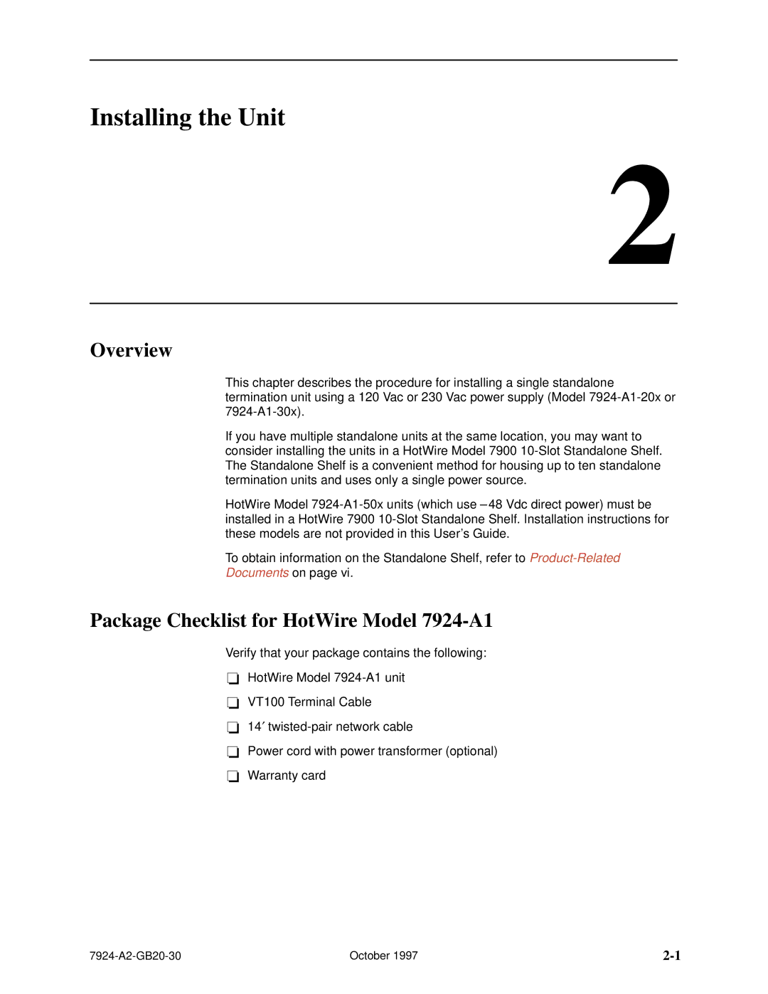 Paradyne manual Installing the Unit, Overview, Package Checklist for HotWire Model 7924-A1 