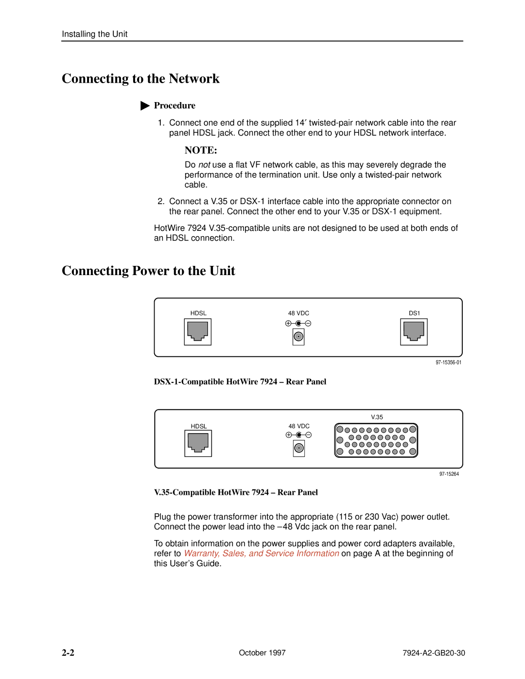 Paradyne manual Connecting to the Network, Connecting Power to the Unit, Procedure, Compatible HotWire 7924 ± Rear Panel 