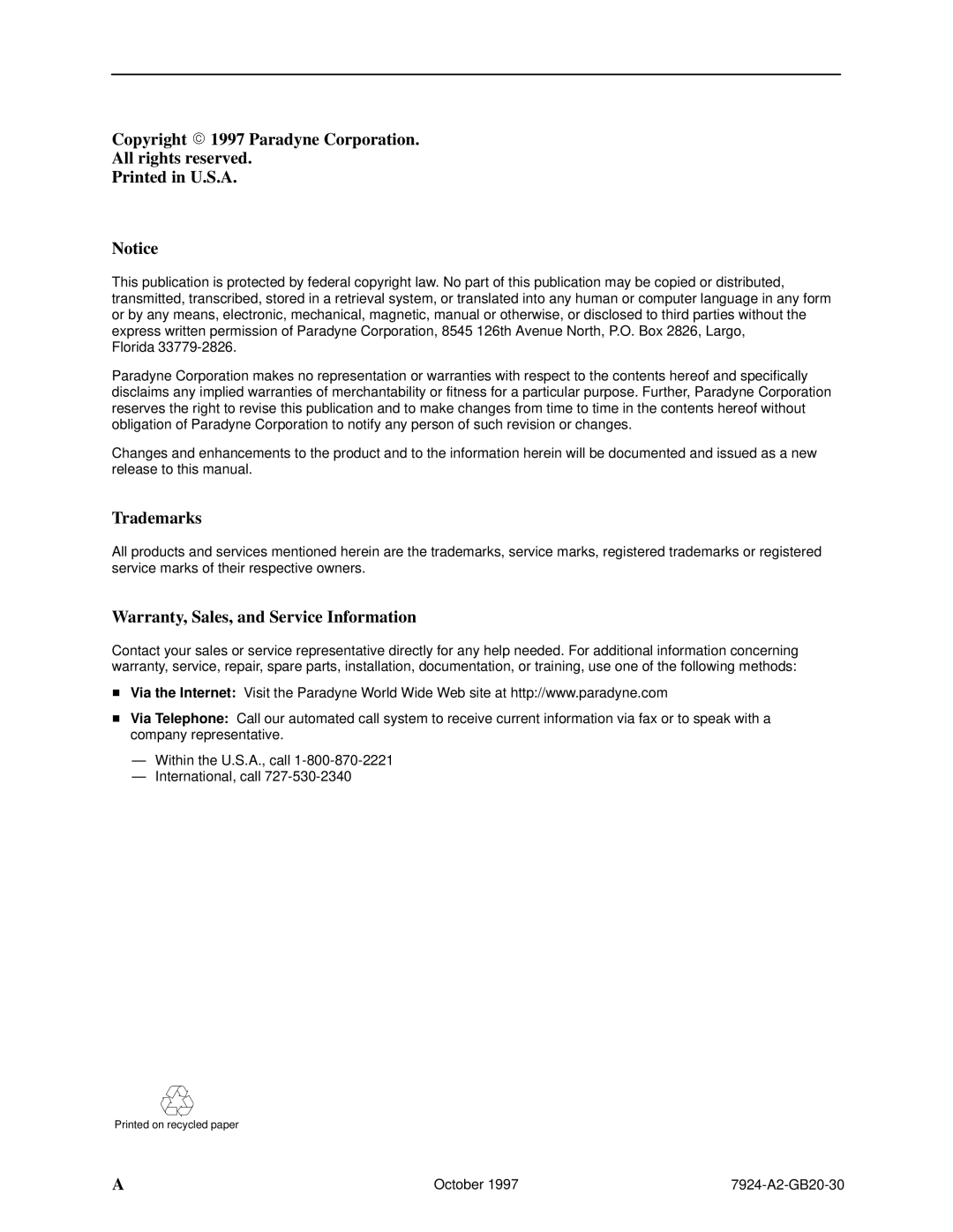 Paradyne 7924 manual Copyright  1997 Paradyne Corporation All rights reserved, Trademarks 