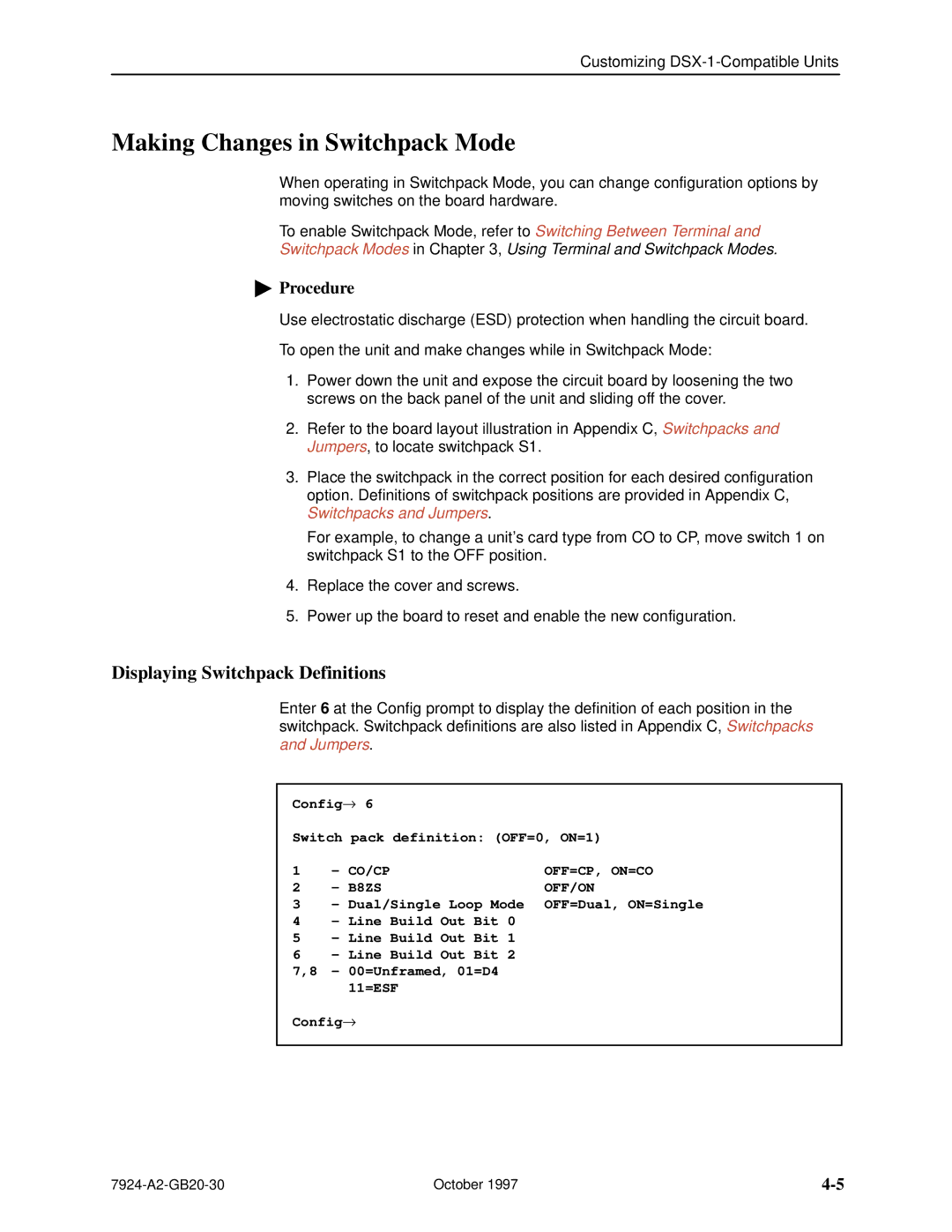 Paradyne 7924 manual Making Changes in Switchpack Mode, Displaying Switchpack Definitions 