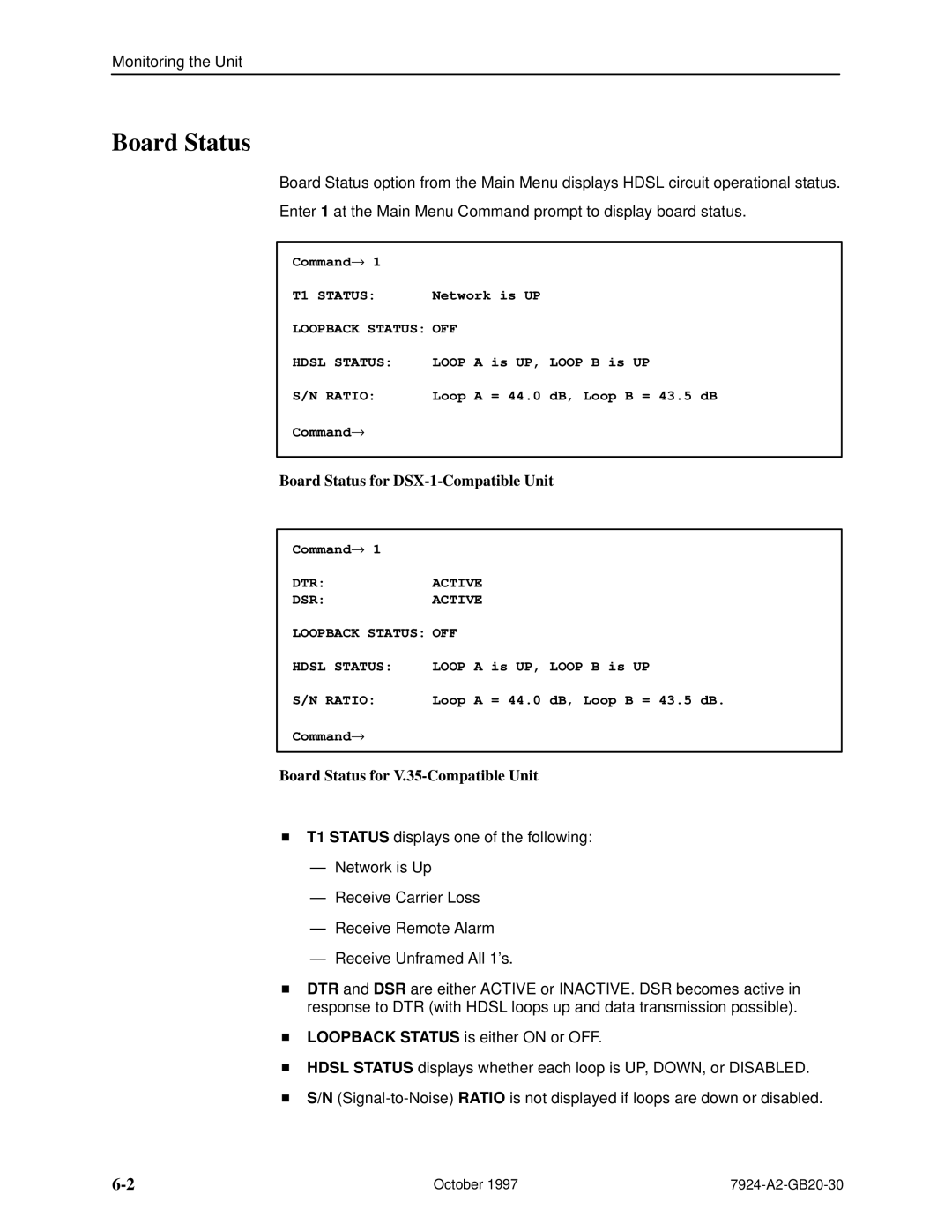 Paradyne 7924 manual Board Status for DSX-1-Compatible Unit, Board Status for V.35-Compatible Unit 