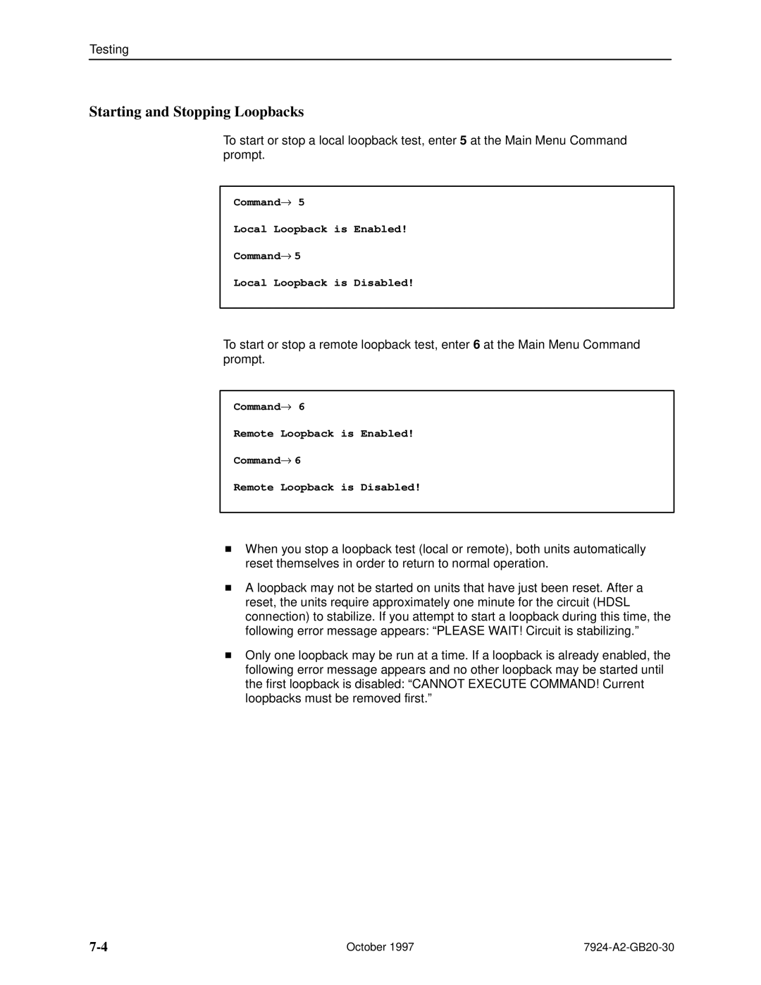 Paradyne 7924 manual Starting and Stopping Loopbacks 