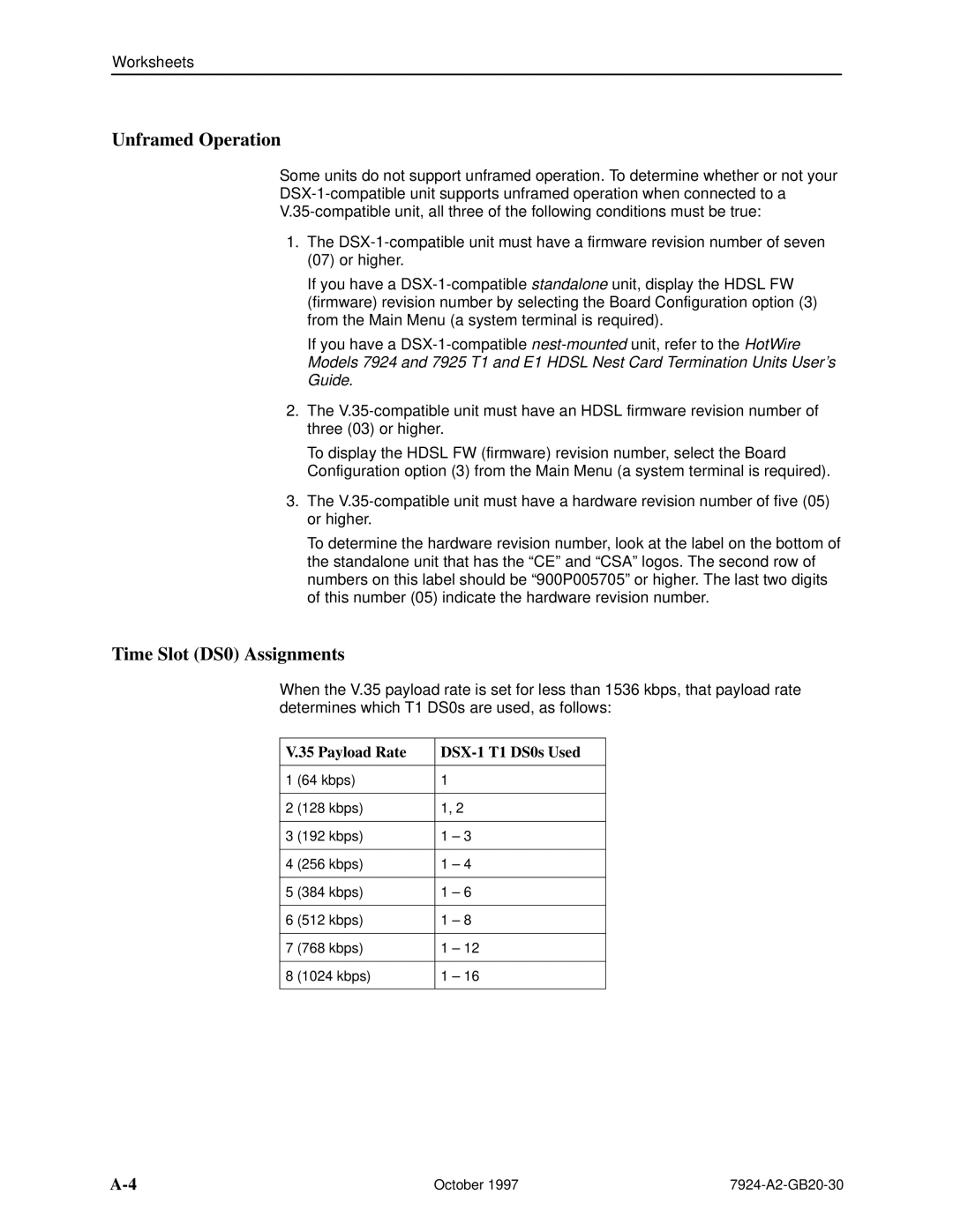 Paradyne 7924 manual Unframed Operation, Time Slot DS0 Assignments, Payload Rate DSX-1 T1 DS0s Used 