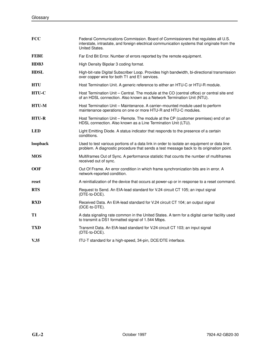 Paradyne 7924 manual GL-2, Loopback, Reset 